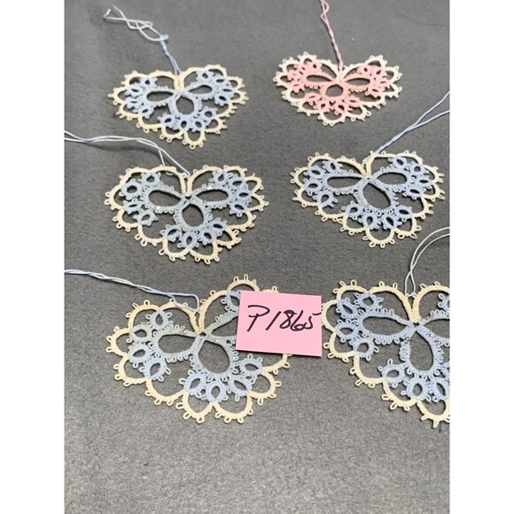 Handmade Tatting Lace Heart Ornaments Set of 6 Embroidered Cotton Decoration - Picture 7 of 7